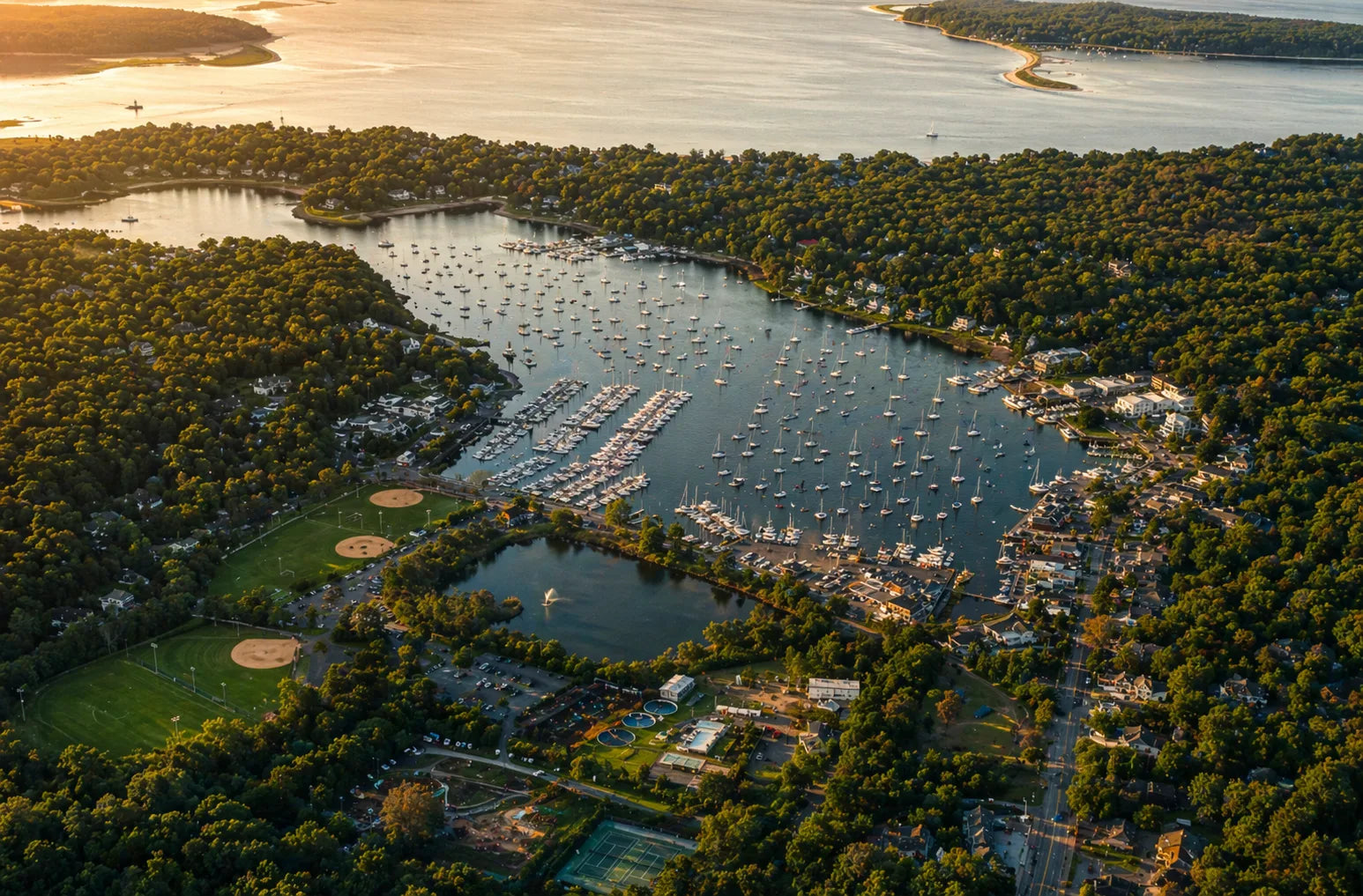 Aerial view of a marina surrounded by greenery and water bodies.