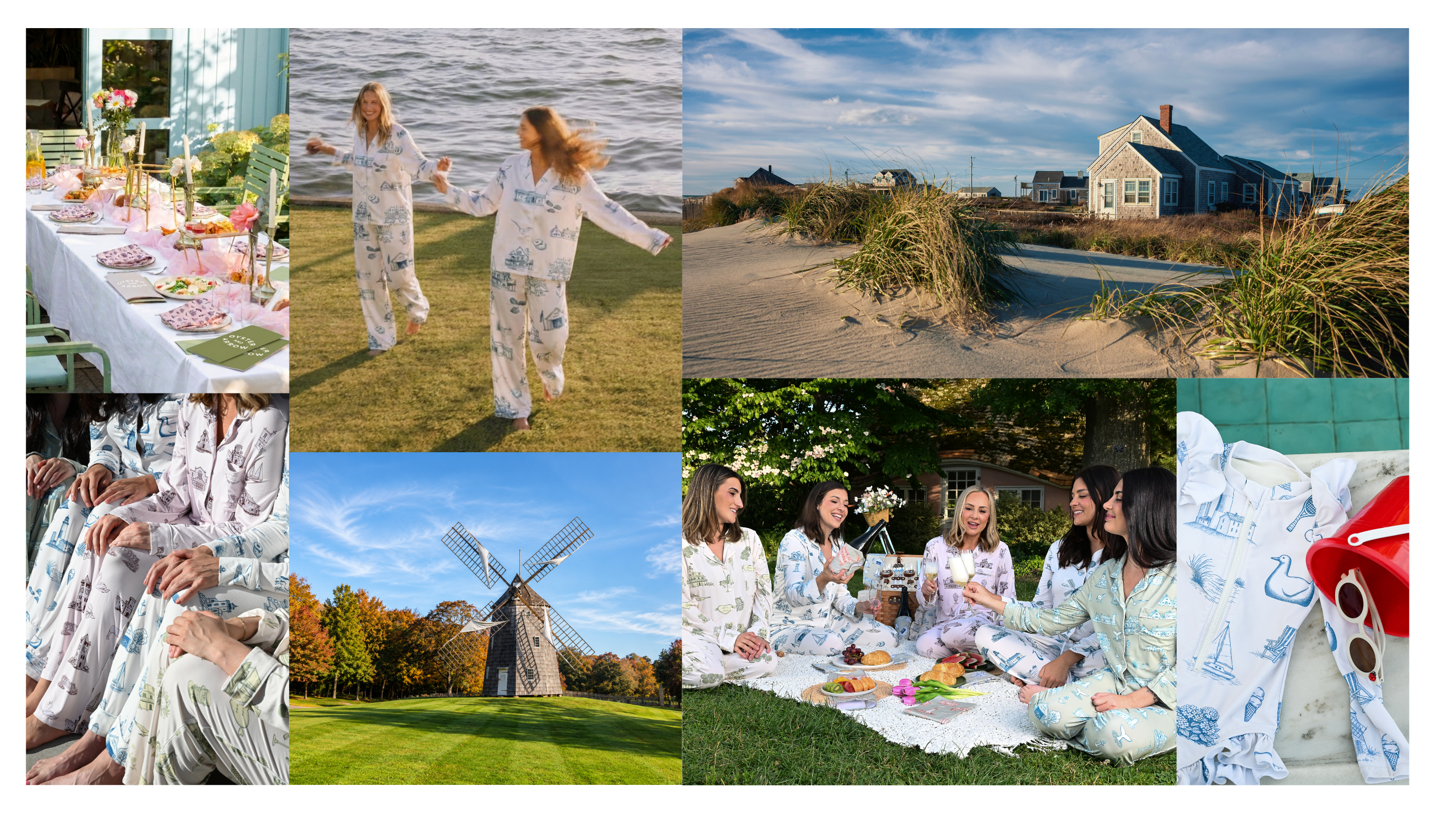 A six-panel collage showcasing a oyster and arrow matching pajama set. The panels include two girls running happily on a grassy lawn by the ocean, a close-up of a person's hands holding up a pair of patterned pajama pants, a group of women having a picnic on a blanket on the beach, a scenic view of a windmill in the background, and a close-up of the fabric pattern showing blue and white sailboats on a light background.