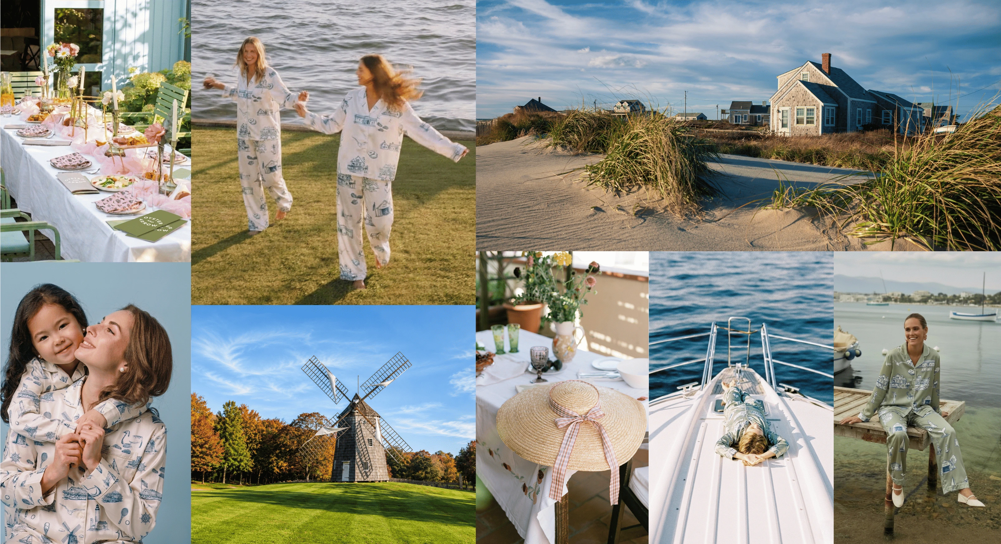 Collage of various scenes including people in pajamas, a coastal house, a windmill, and a boat.