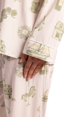 Close-up of womens  pajama pants with North Folk toile print on a light background from Oyster and Arrow