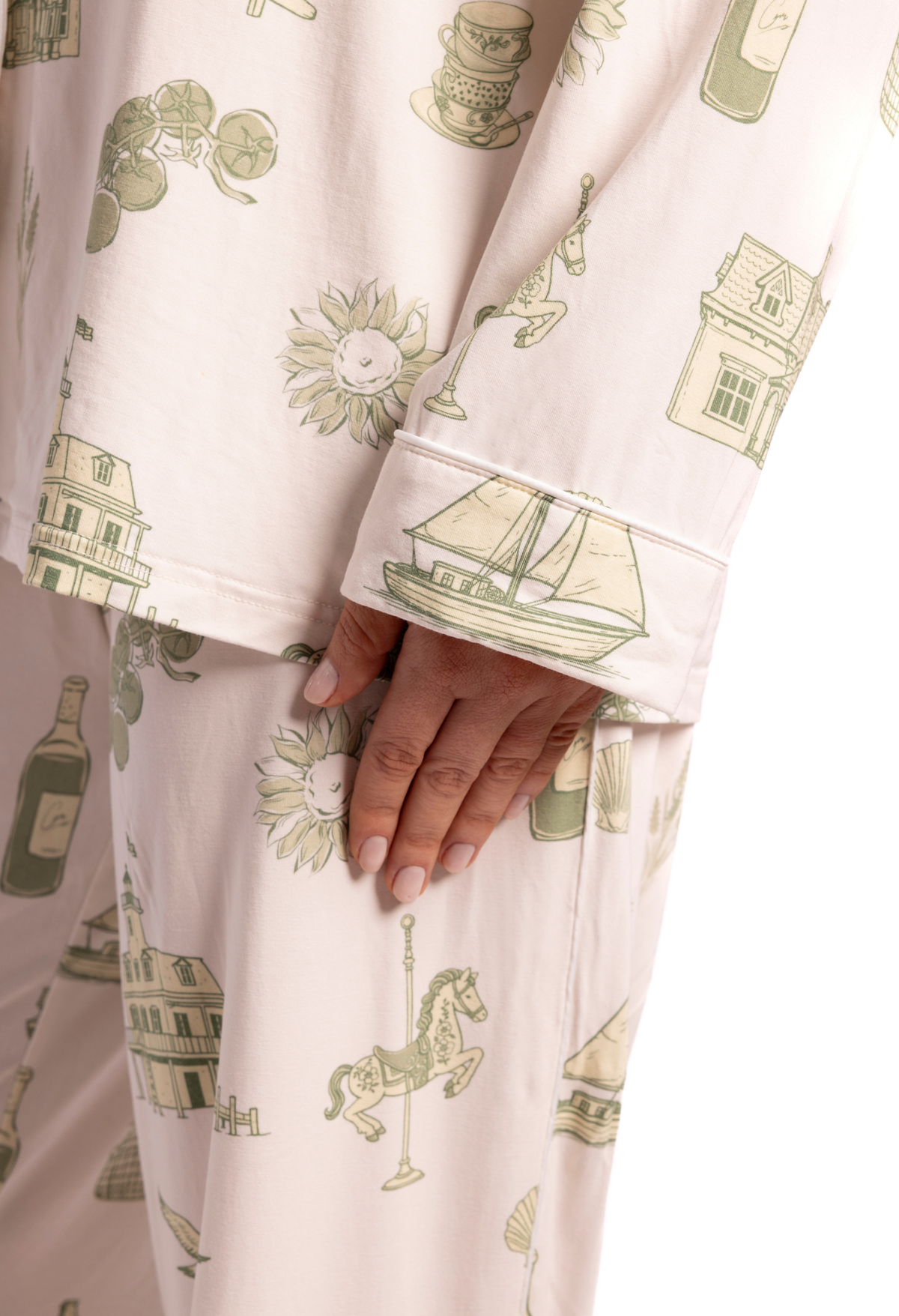 Close-up of womens  pajama pants with North Folk toile print on a light background from Oyster and Arrow