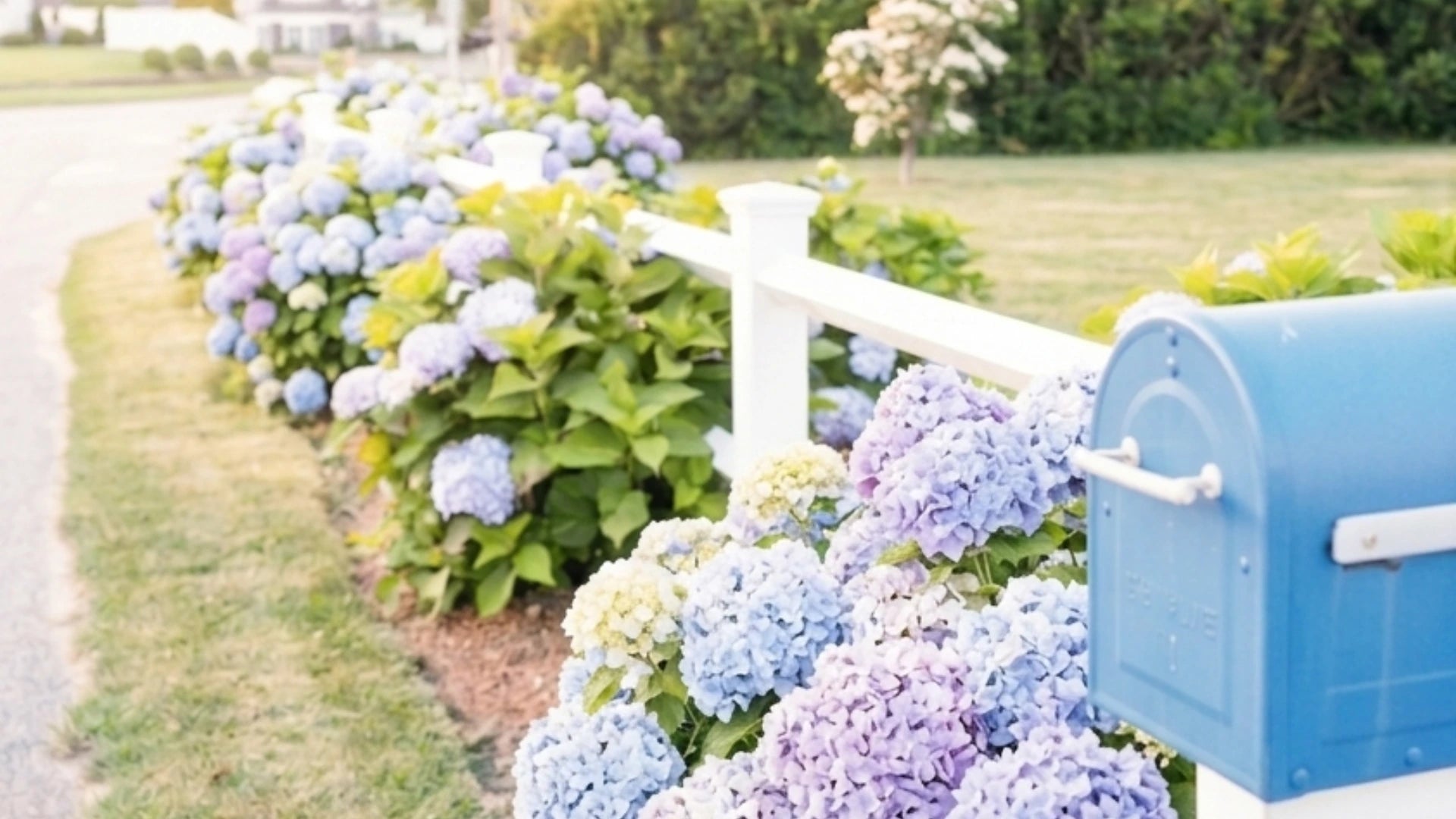 Blue mailbox next to a garden with hydrangeas