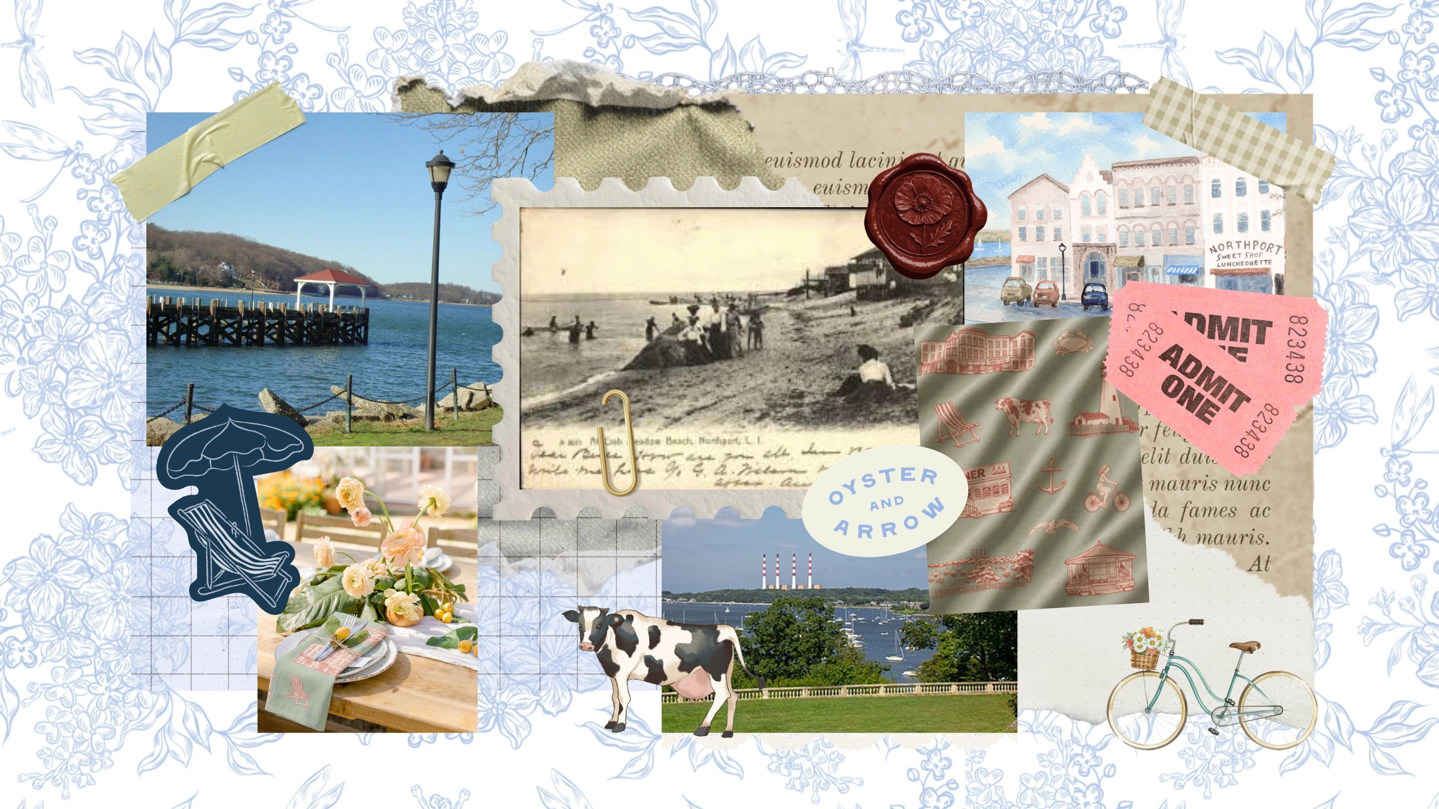 Collage of vintage-style images with a coastal scene, a cow, and a bicycle.