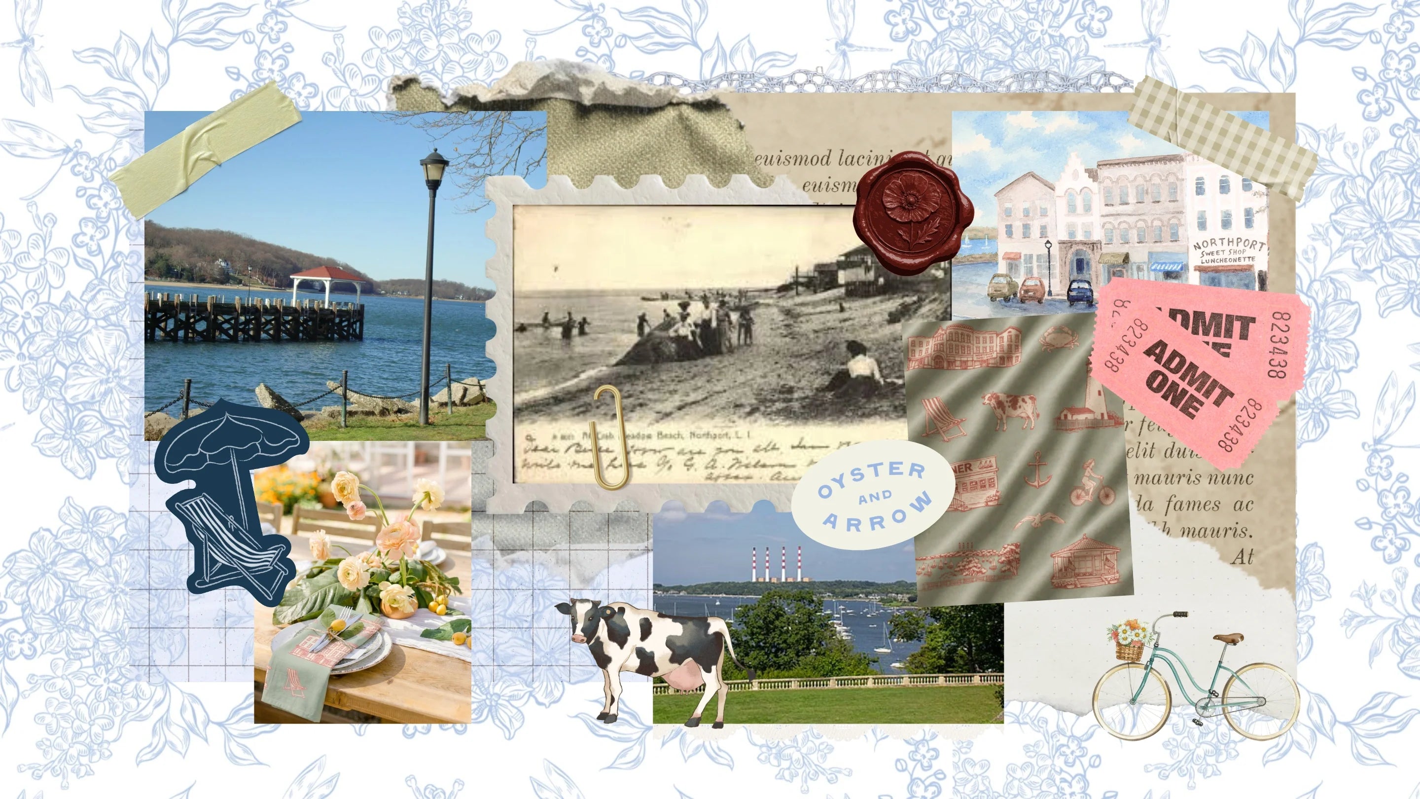 Collage of vintage-style images with a coastal scene, a cow, and a bicycle.
