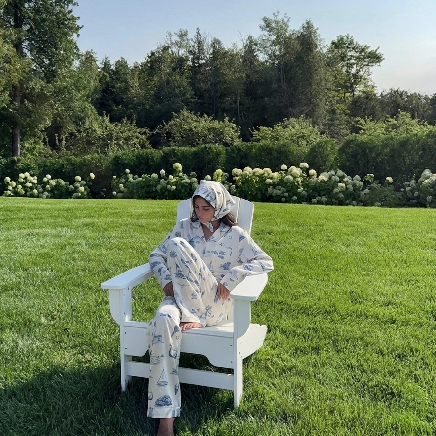 Person sitting in a white chair on a grassy lawn with trees in the background