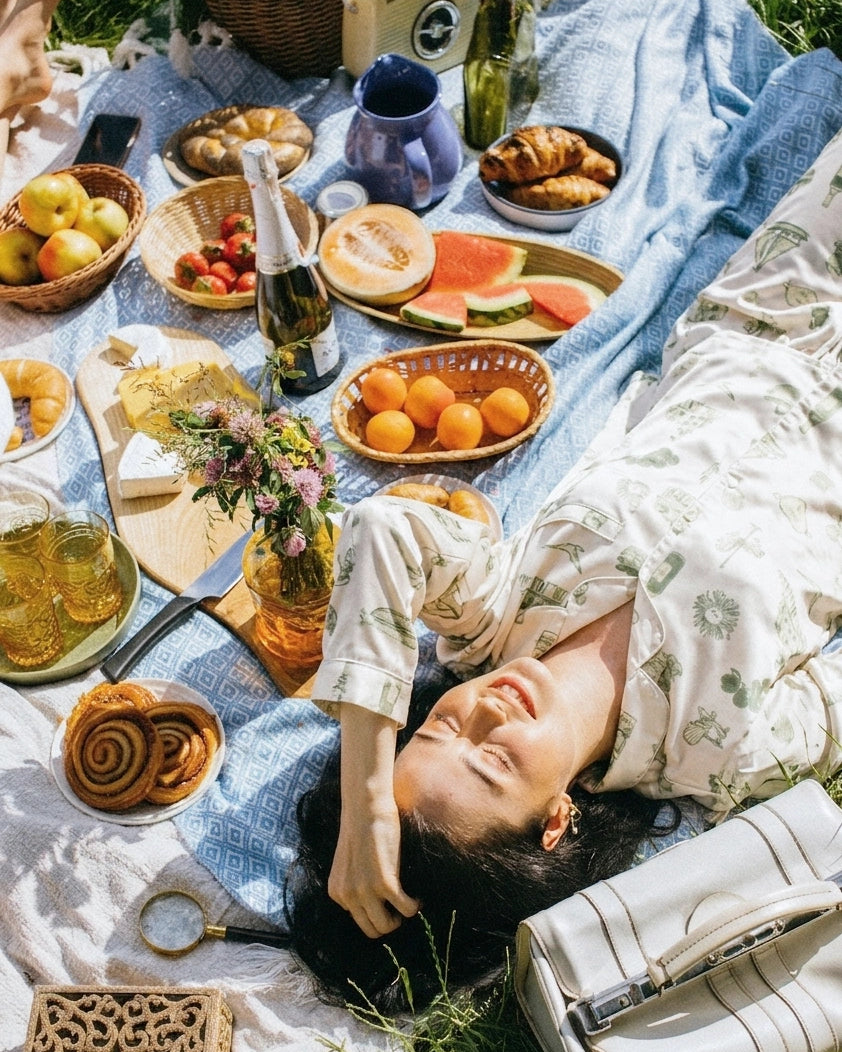 Woman lying on a picnic blanket with food and drinks