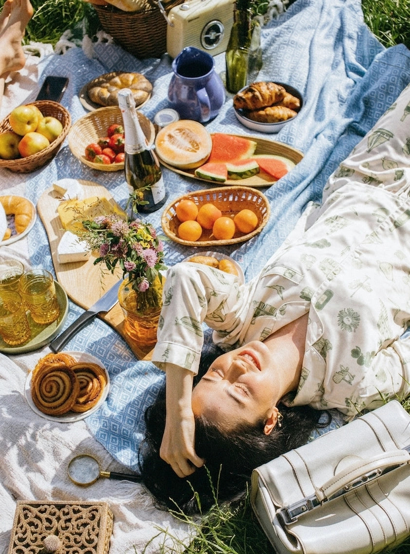 Woman lying on a picnic blanket with food and drinks