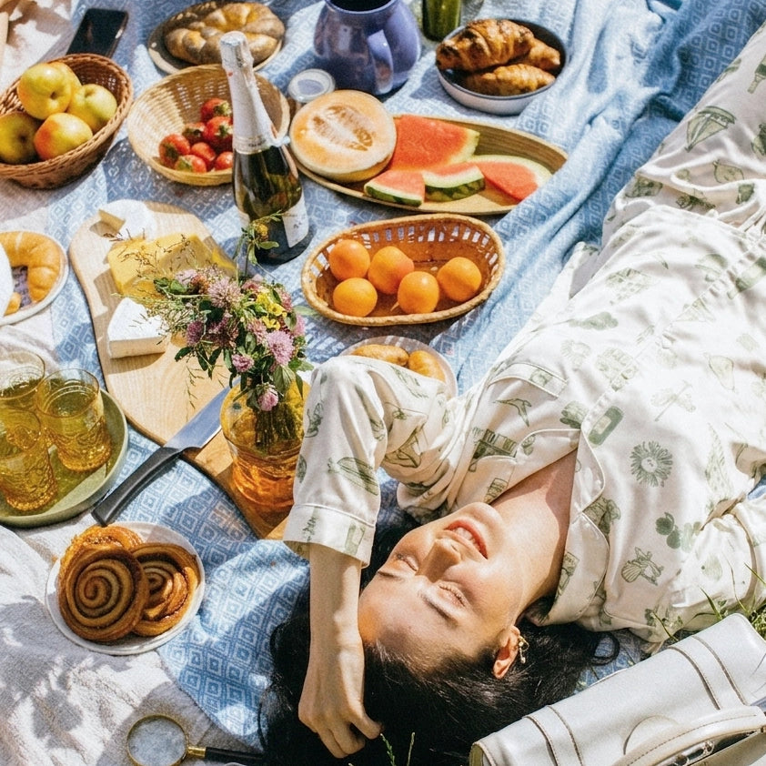 Woman lying on a picnic blanket with food and drinks