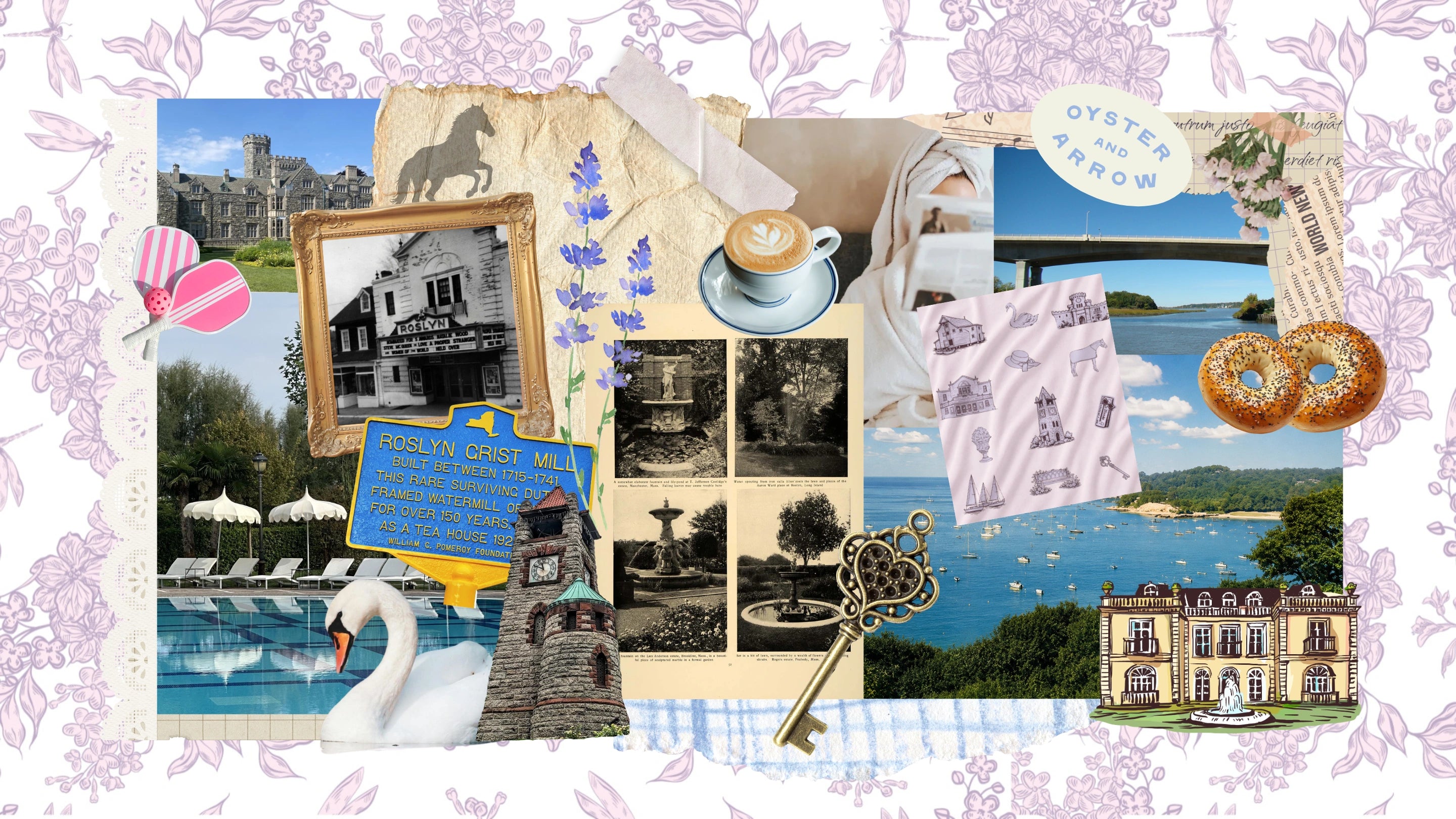 Collage of various images including a castle, a horse, a cafe scene, and a scenic view with decorative elements.
