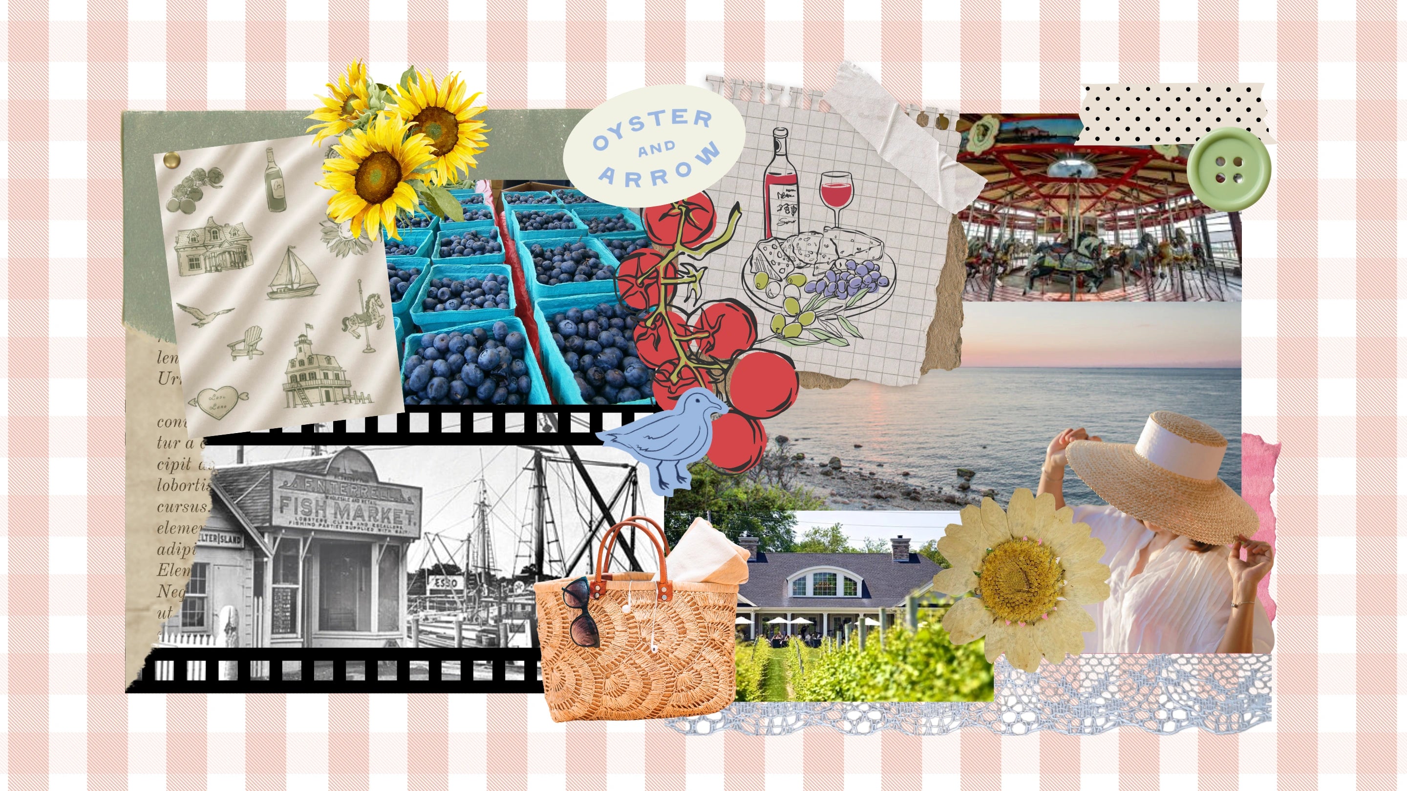 Collage of various images including sunflowers, a market scene, a beach, and a building on a striped background.