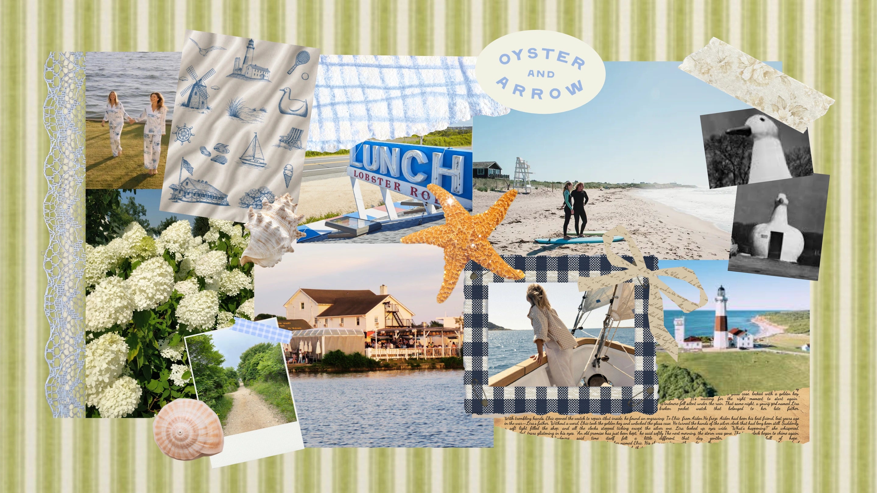 Collage of beach-themed images with text and decorative elements on a striped background