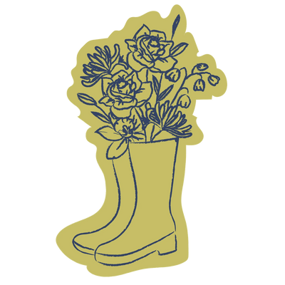 Illustration of a yellow rain boot with floral design on a white background