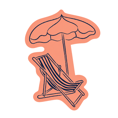 Illustration of a beach chair and umbrella on a peach background