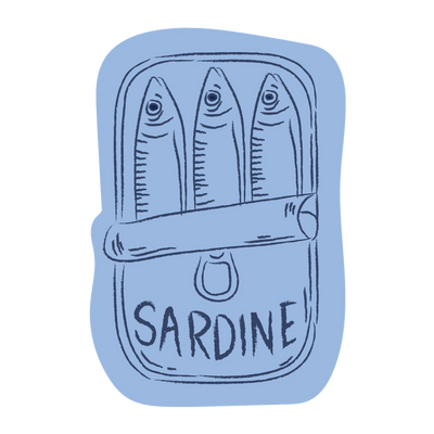 Illustration of a sardine can with three sardines on a light blue background