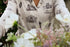 A close-up of a person wearing a cream-colored long-sleeve button-up toile pajamas with a black architectural house pattern from oyster and arrow, set against a soft-focus background of white and pink flowers.
