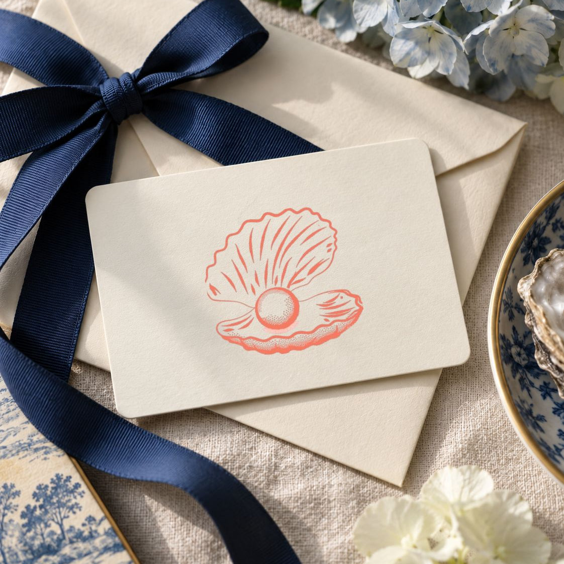 A cream-colored Oyster and Arrow gift card featuring the logomark styled on top of cream envelopes with a navy blue ribbon, surrounded by blue and white flowers on a linen surface.