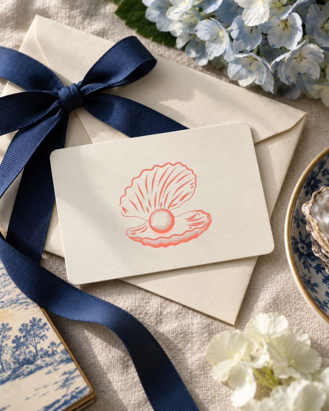 A cream-colored Oyster and Arrow gift card featuring the logomark styled on top of cream envelopes with a navy blue ribbon, surrounded by blue and white flowers on a linen surface.