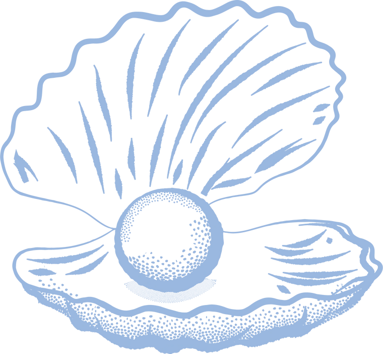 Blue illustration of an oyster with a pearl inside on a white background for oyster and arrow website