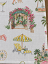 Close-up of Palm Beach linen napkin featuring Via Parigi and a 60s style sun lounger in a colorful illustrated print