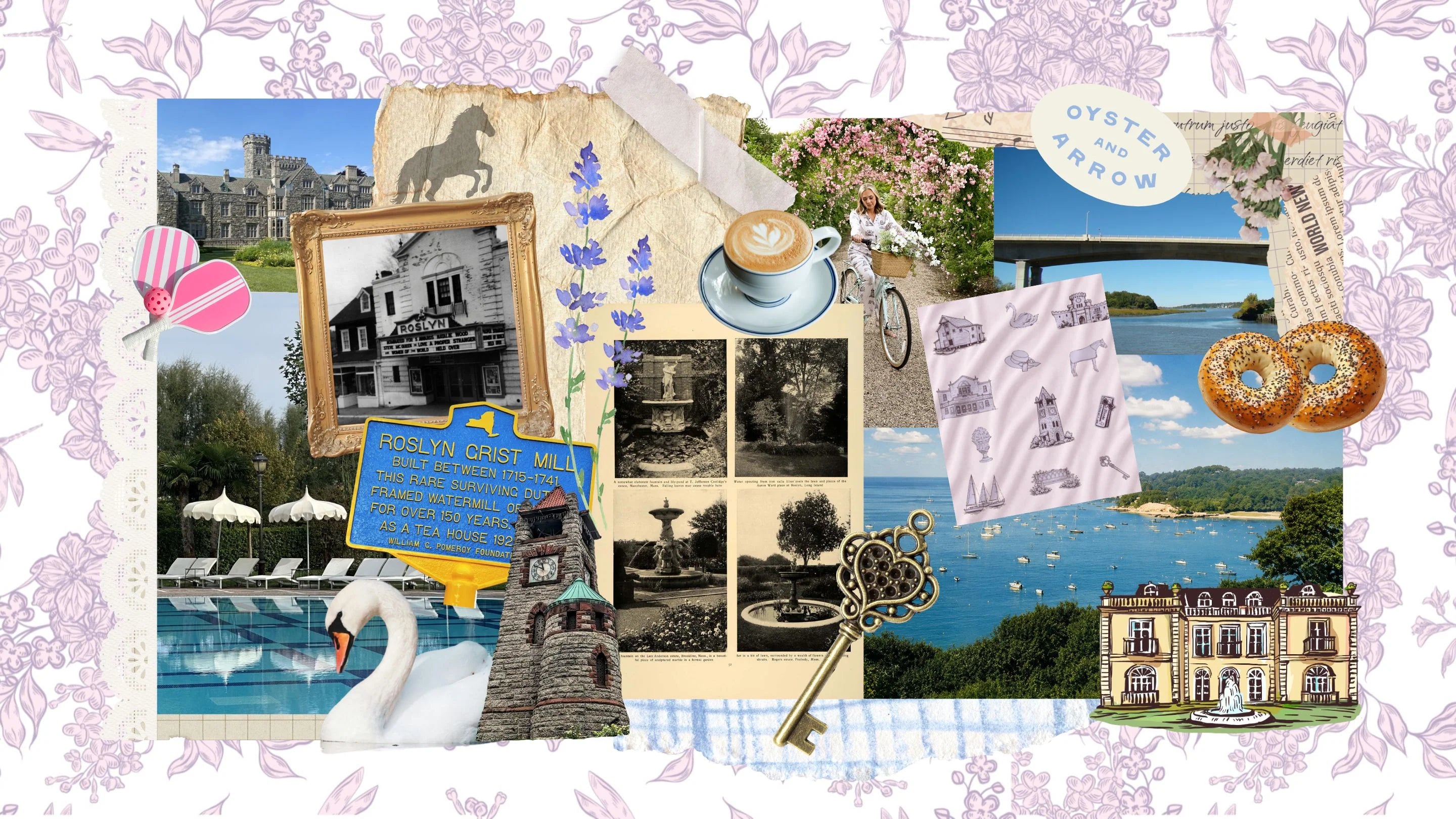 A decorative collage with layered vintage-style travel and lifestyle elements, including a swan, castle, pool, flowers, a coffee cup, a key, a pink patterned cloth, and small food items, all arranged on a pale floral background.