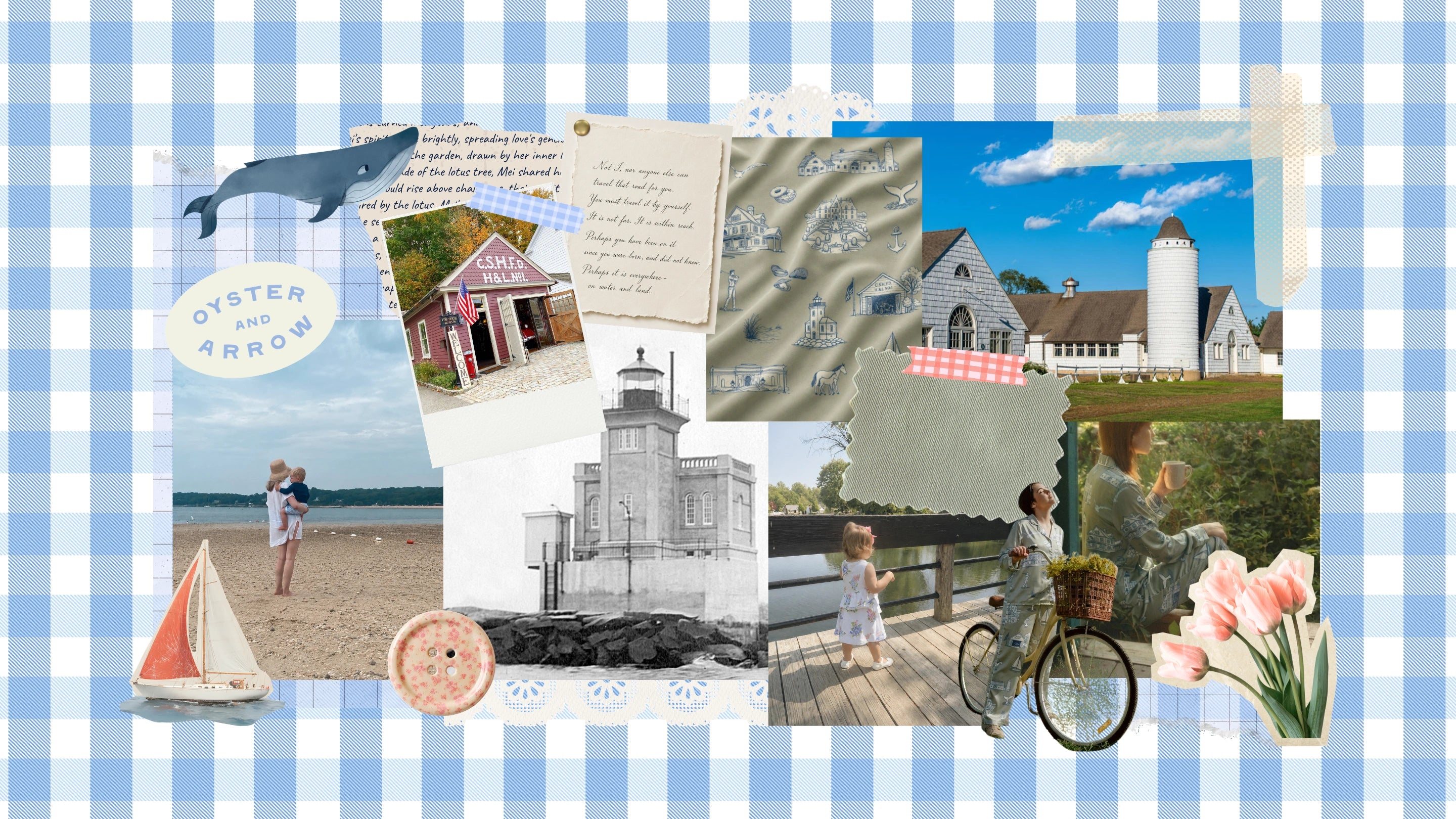Collage of various scenes including a lighthouse, beach, and people on a checkered blue and white background.