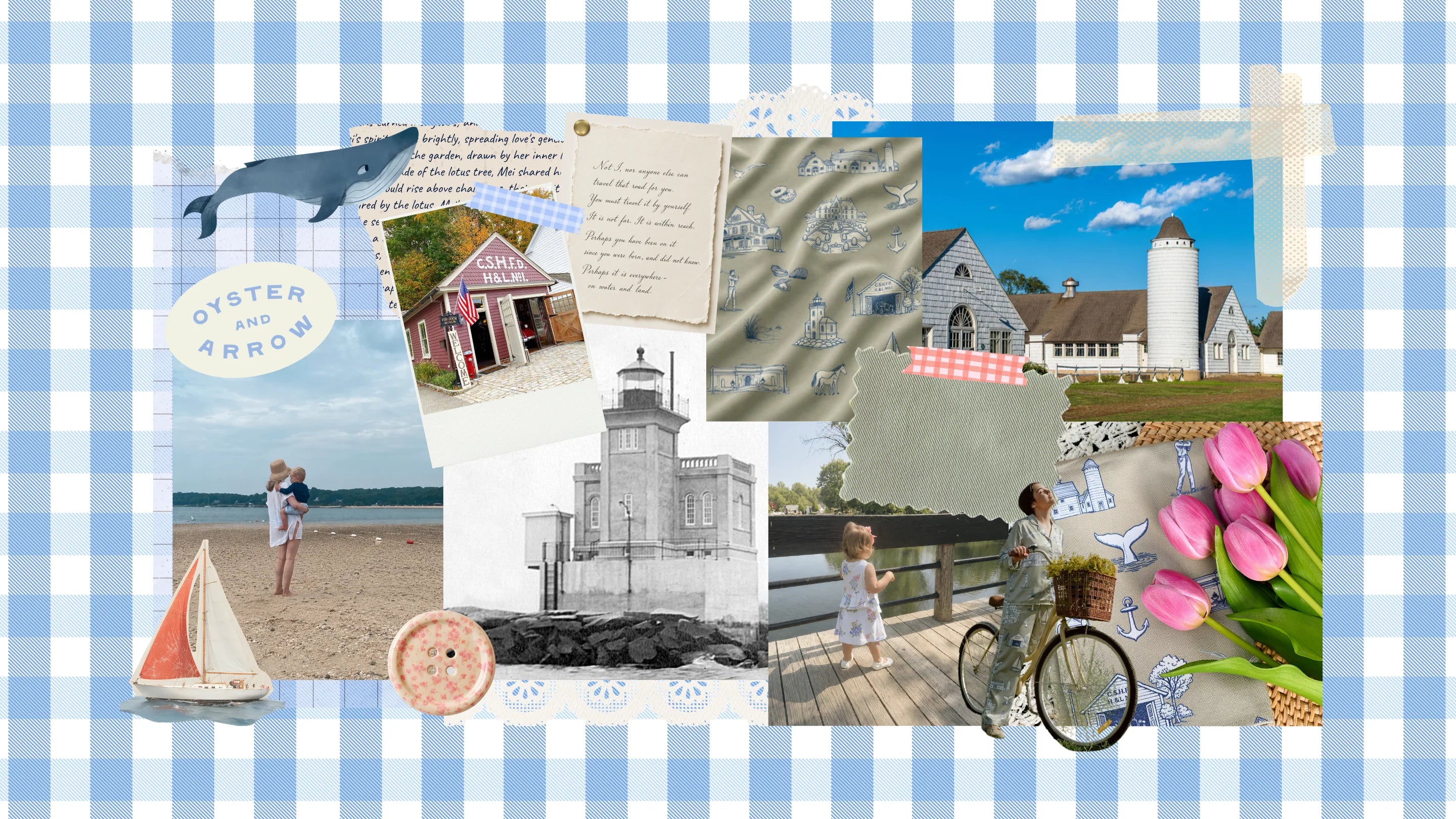 A square collage print featuring a blue and white gingham border with a central scrapbook-style layout of coastal and summer-themed photos, including a lighthouse, beach scene, sailboat, pink tulips, a bicycle, handwritten notes, and a small house.