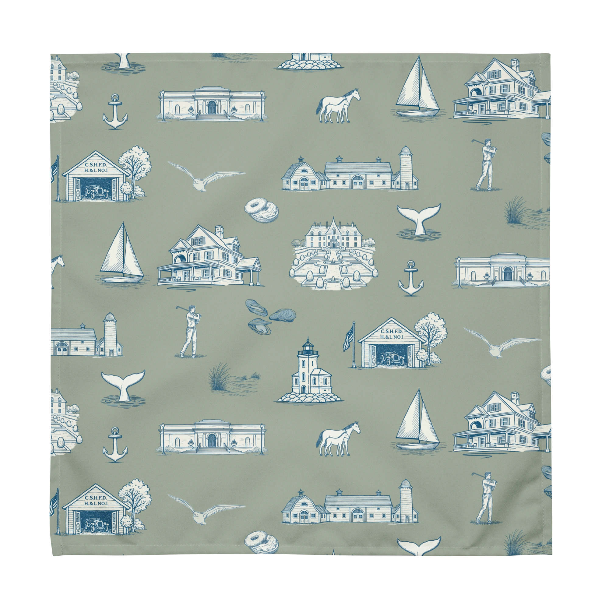 Fabric with blue coastal-themed pattern on a green background