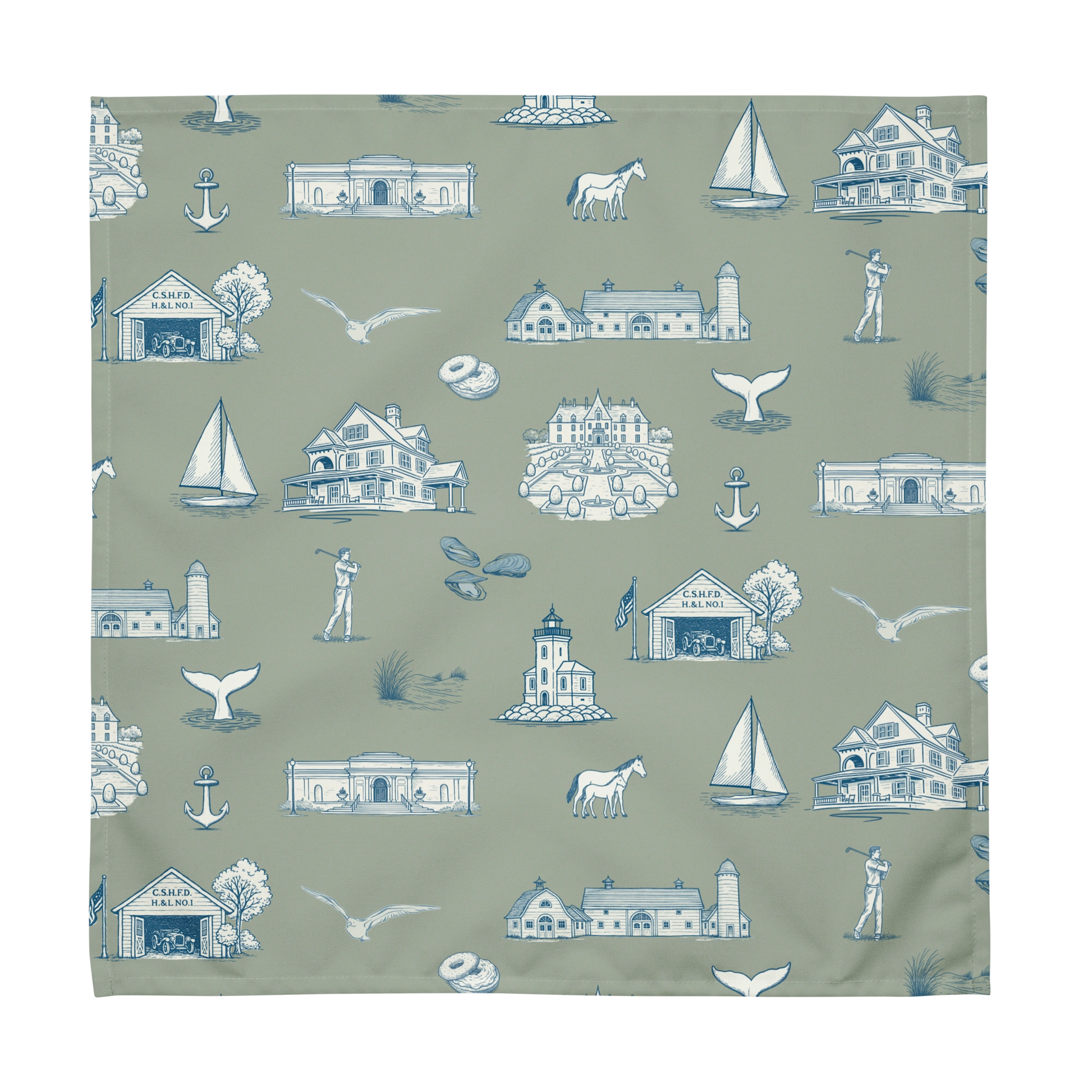 Fabric with blue coastal-themed pattern on a green background