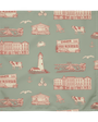Fabric with red vintage-style illustrations on a green background