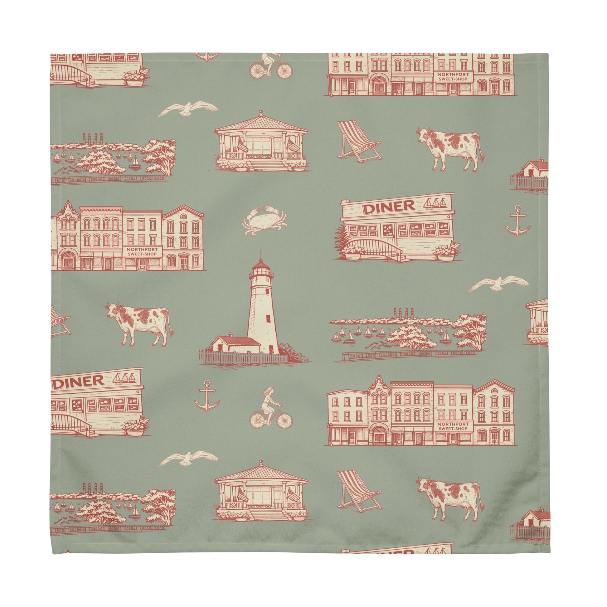 Fabric with red vintage-style illustrations on a green background