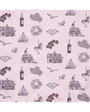 Patterned fabric with houses, boats, and other elements on a pink background