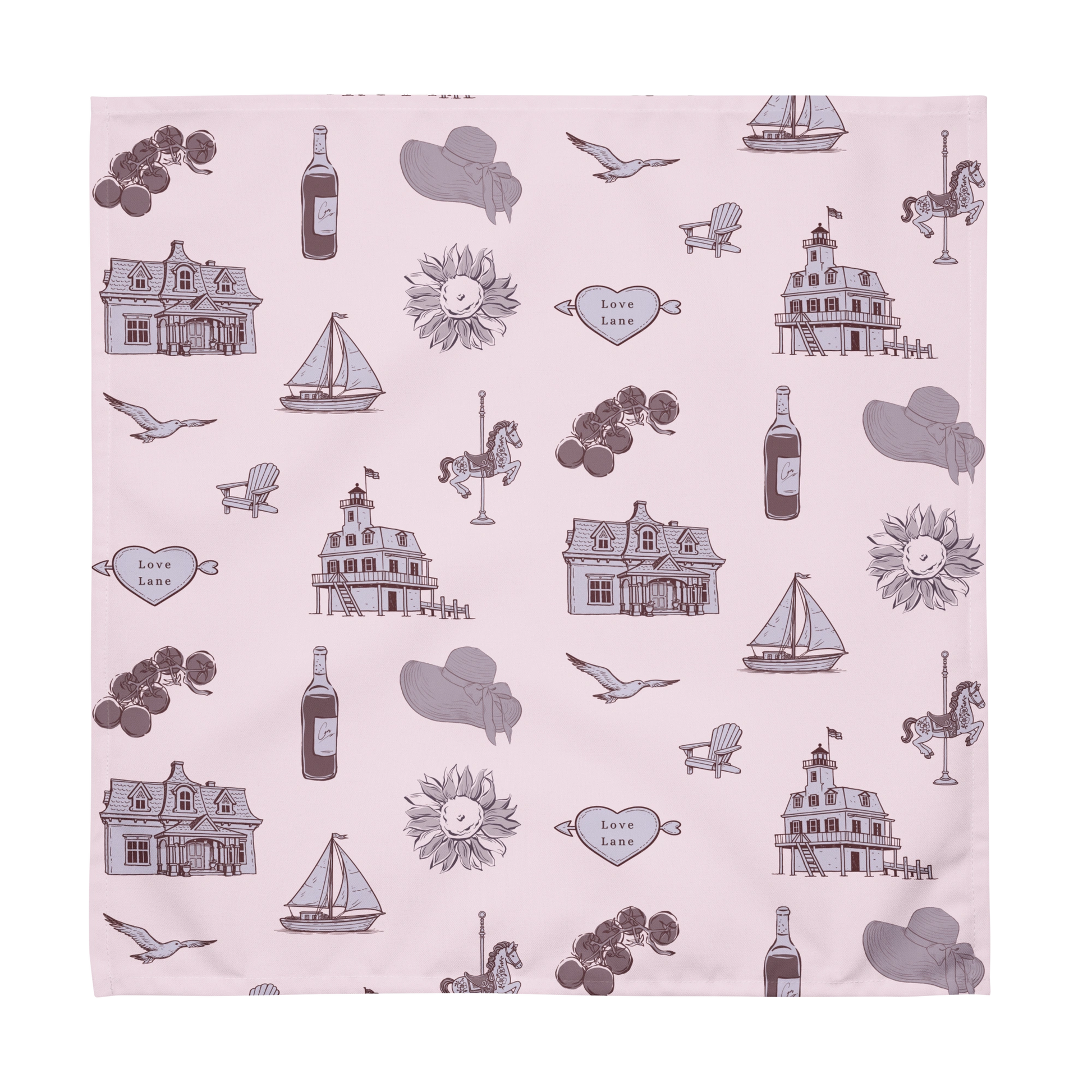 Patterned fabric with houses, boats, and other elements on a pink background