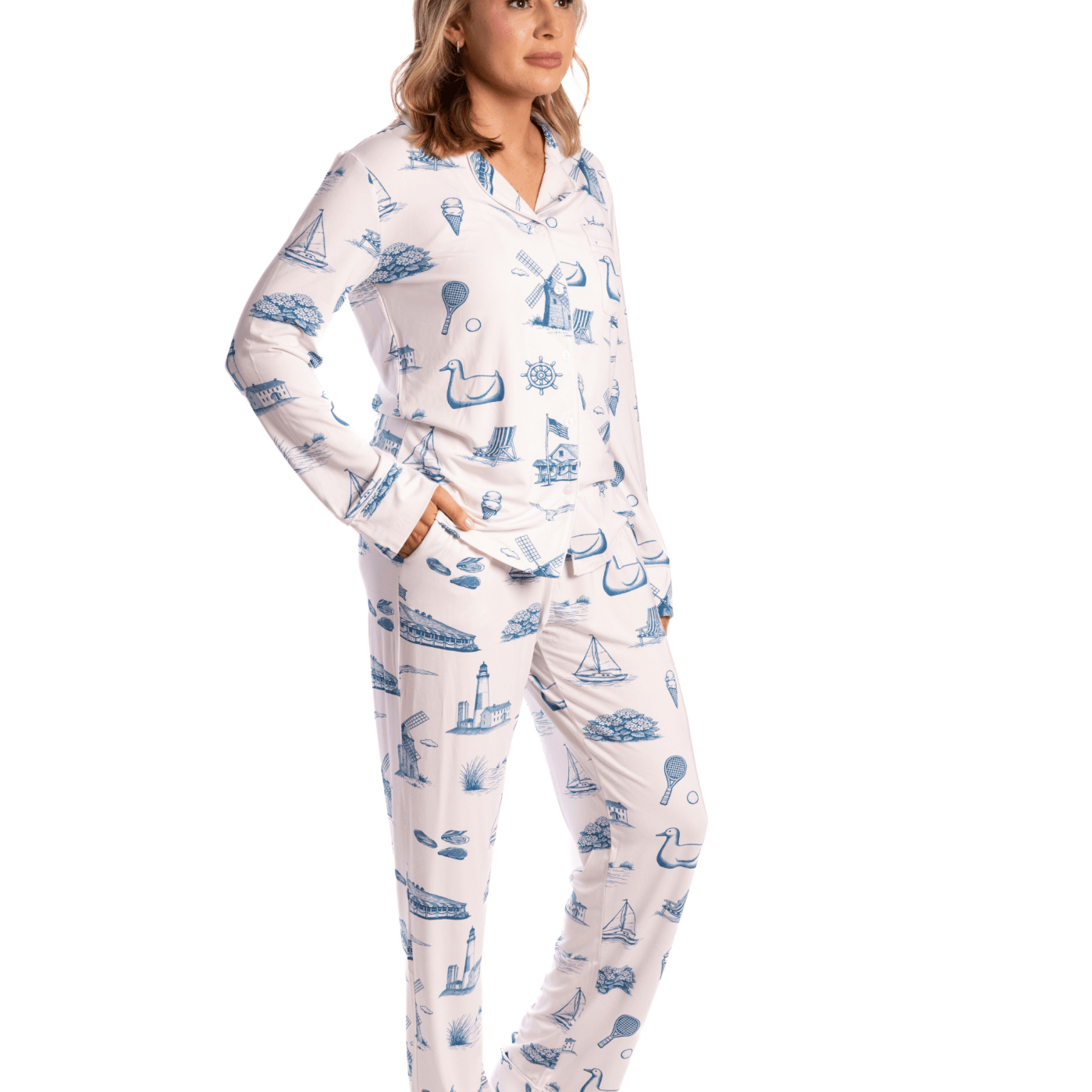 Hamptons & Montauk Toile Long Sleeve Bamboo Pajama Set - Oyster and Arrow