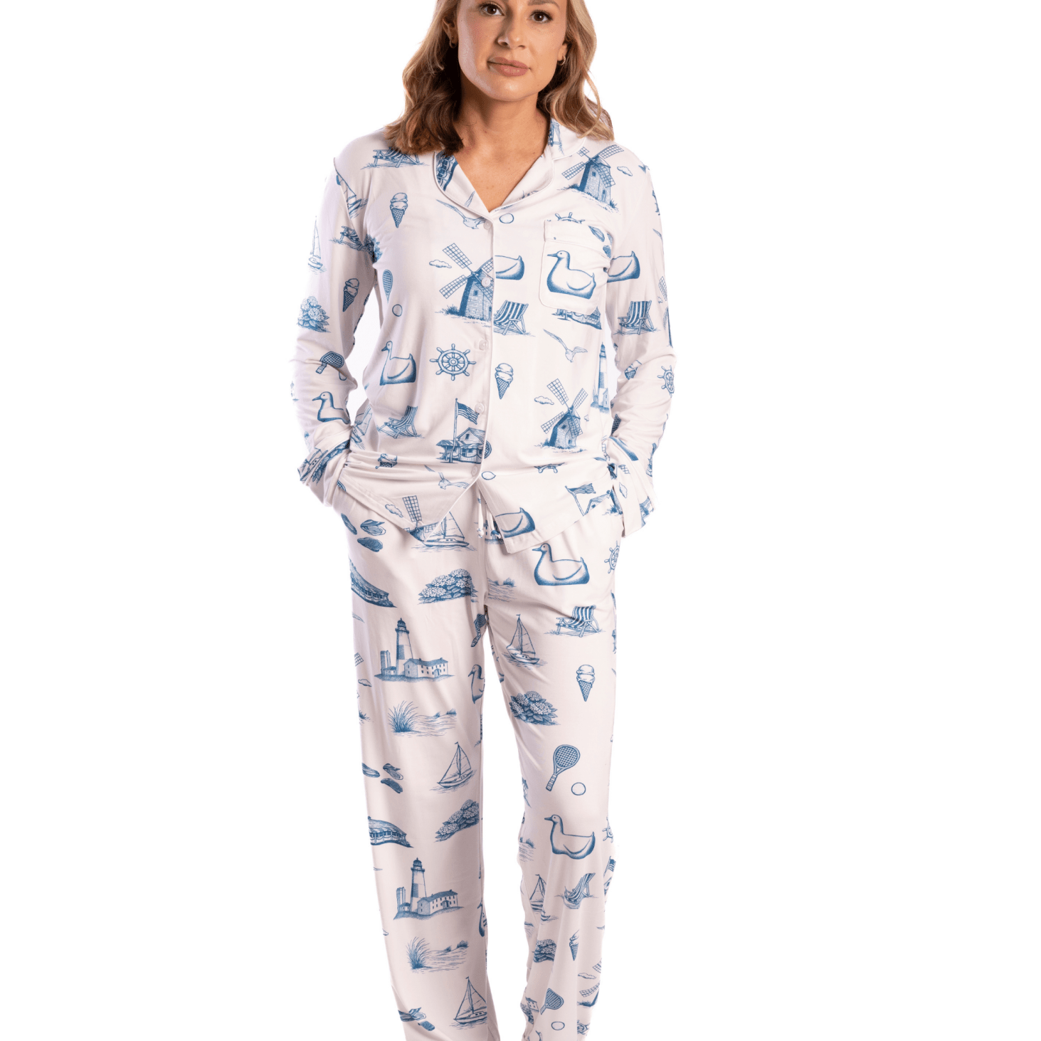Hamptons & Montauk Toile Long Sleeve Bamboo Pajama Set - Oyster and Arrow