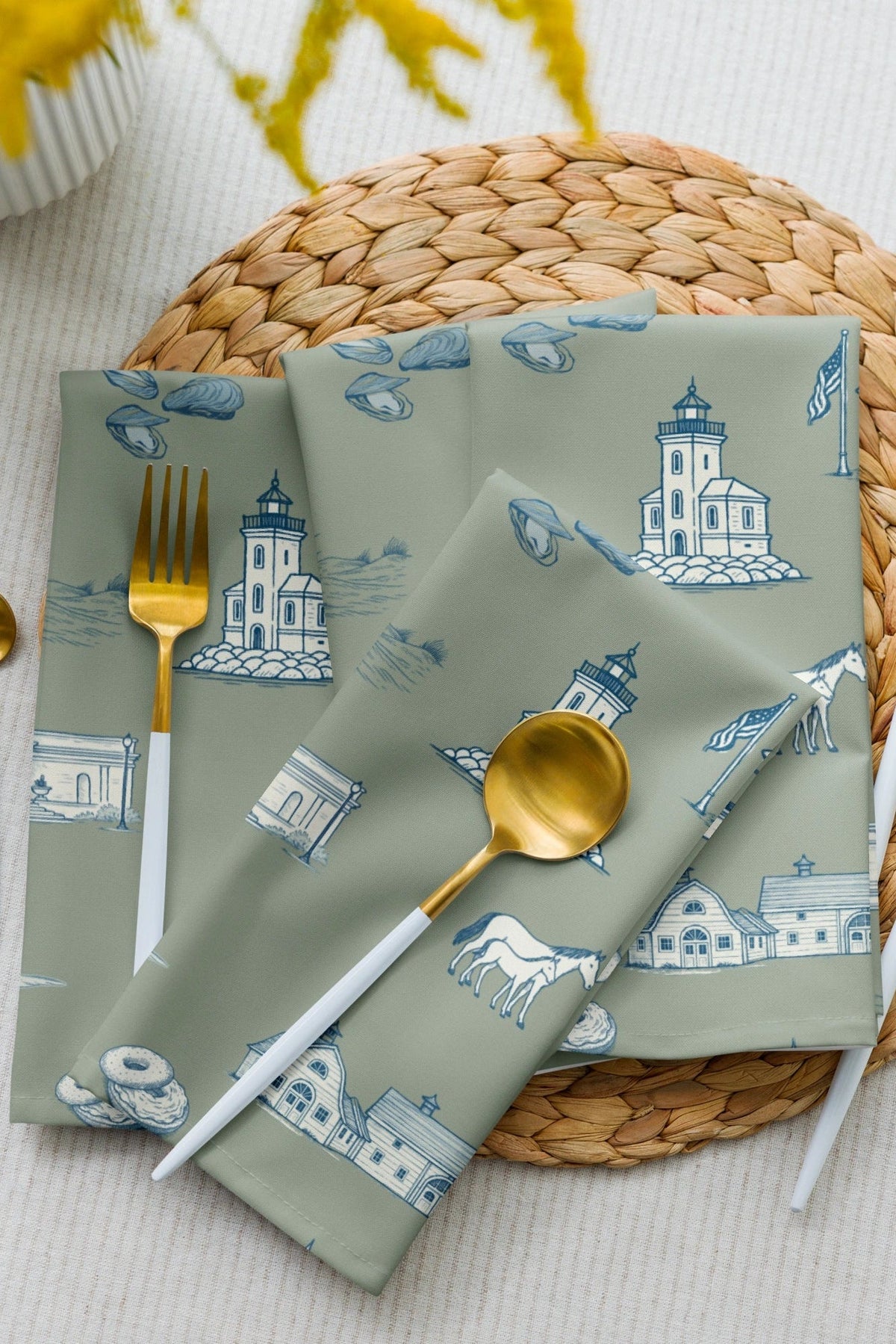 Huntington & Cold Spring Harbor Toile Napkins, Set of 4 - Oyster and Arrow