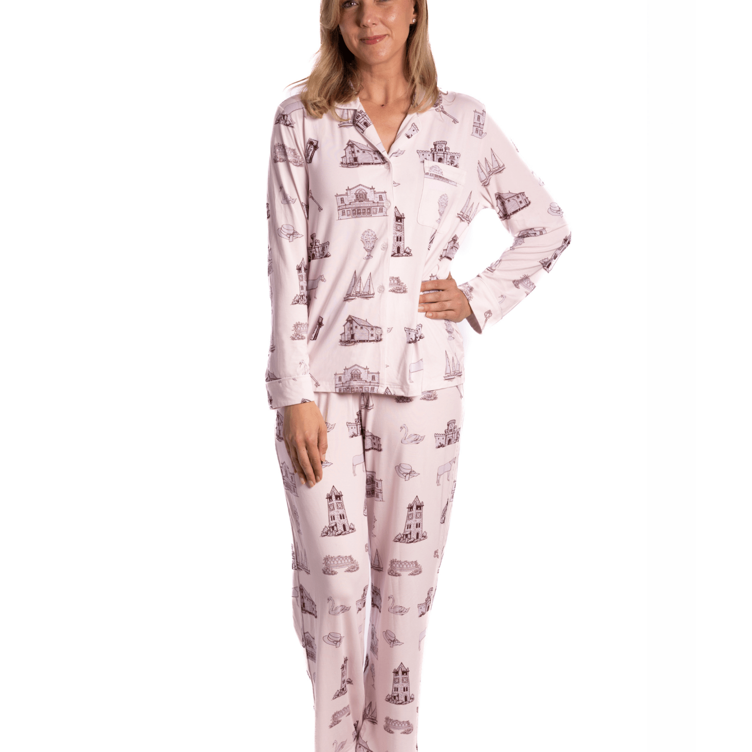 Roslyn & Sands Point Toile Long Sleeve Bamboo Pajama Set - Oyster and Arrow